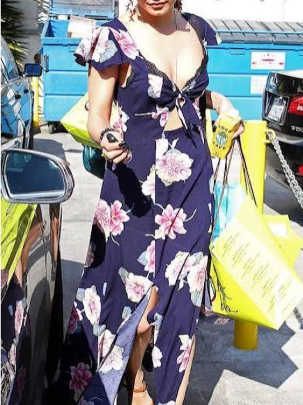 Reformation Navy Floral Tie-Front Maxi Dress with Pink Blossoms